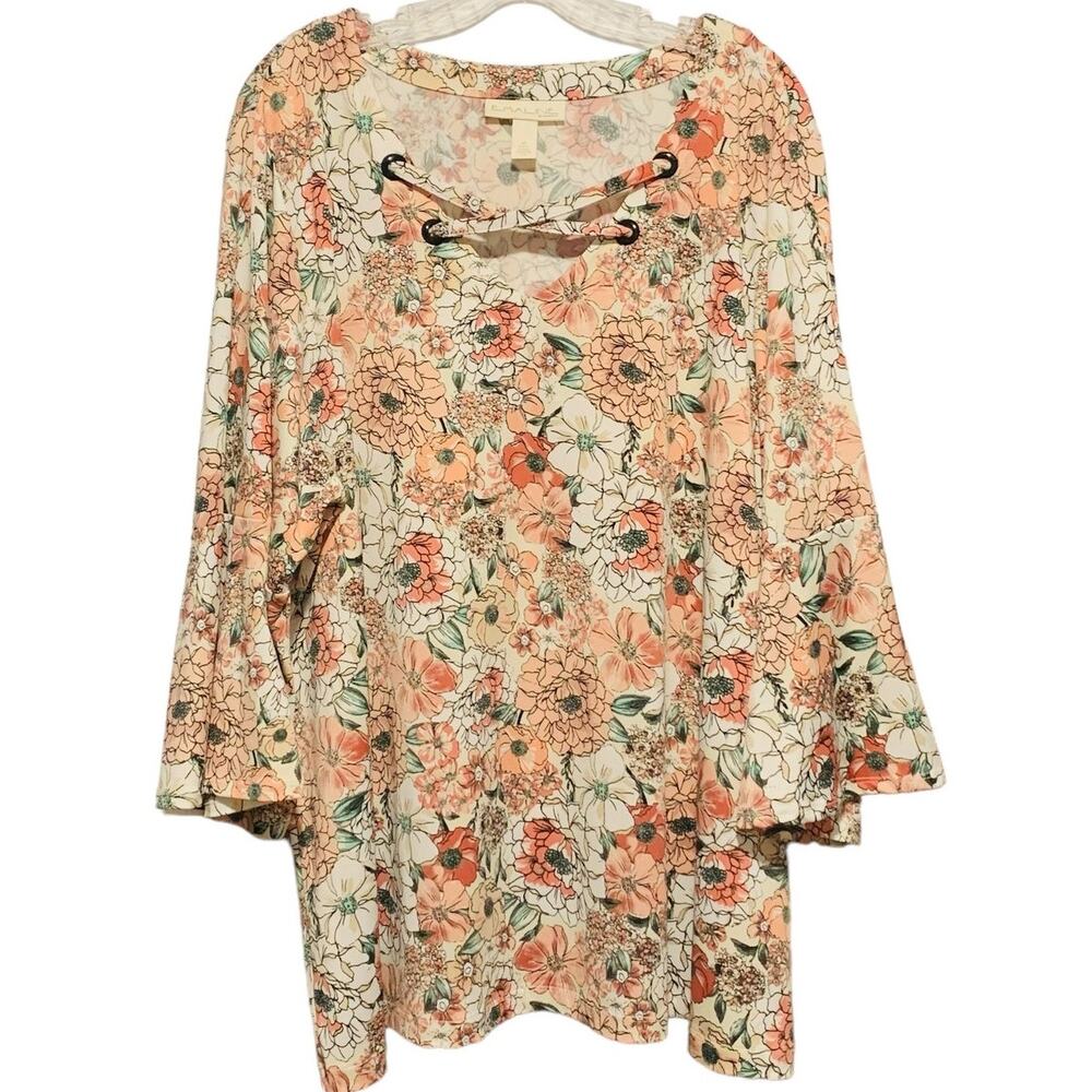 EMALINE Woman Tunic Top Sz 2X Floral Print Criss-Cross V-Neck 3/4 Sleeves Boho